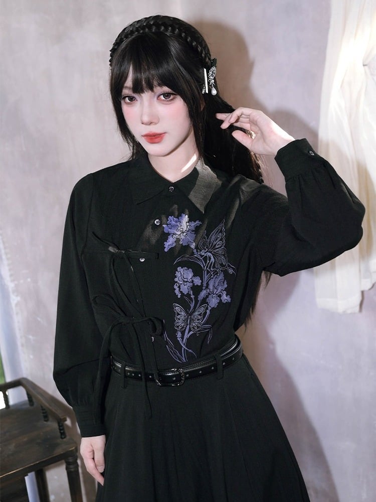 Gothic Long-Sleeve Shirt with Asymmetric Placket & Iris Print in Black Purple - Quirky Hut