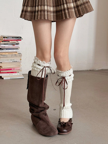 Ruffled Lace Bow Knit Warmers Leg