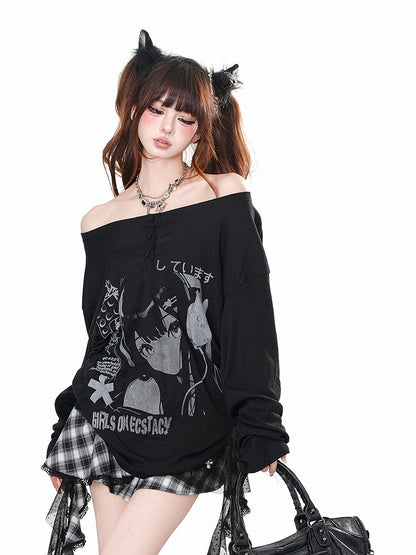 Black/White Off-the-shoulder Neckline Cartoon Print Top