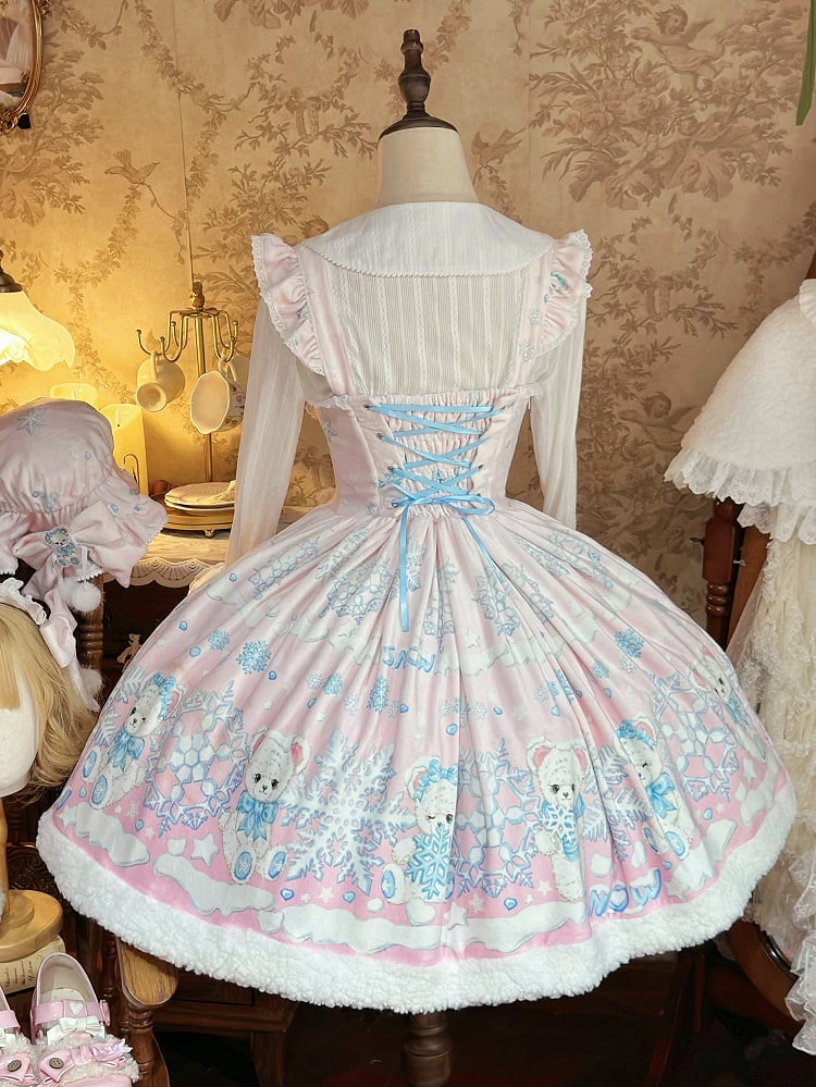 Sweet Winter Lolita Snowy Teddy Print Light Pink Dress JSK Full Set