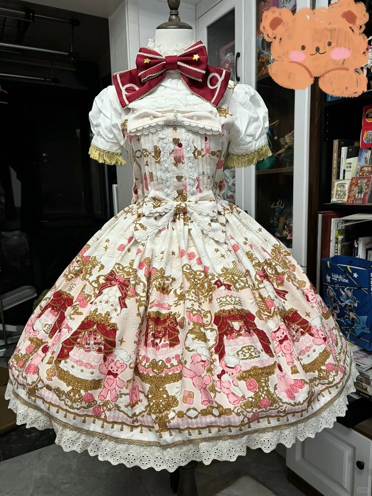 Bear Sweet Trim JSK Details Bow Dress Lace Cake Print Lolita Beige with and