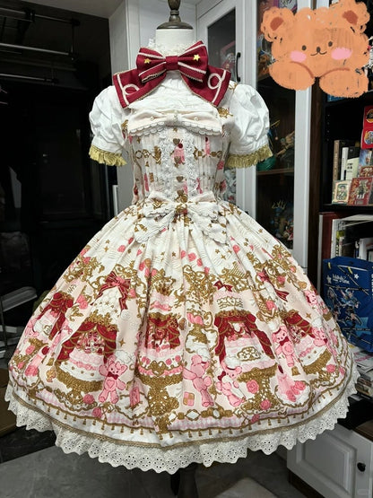 Bear Sweet Trim JSK Details Bow Dress Lace Cake Print Lolita Beige with and