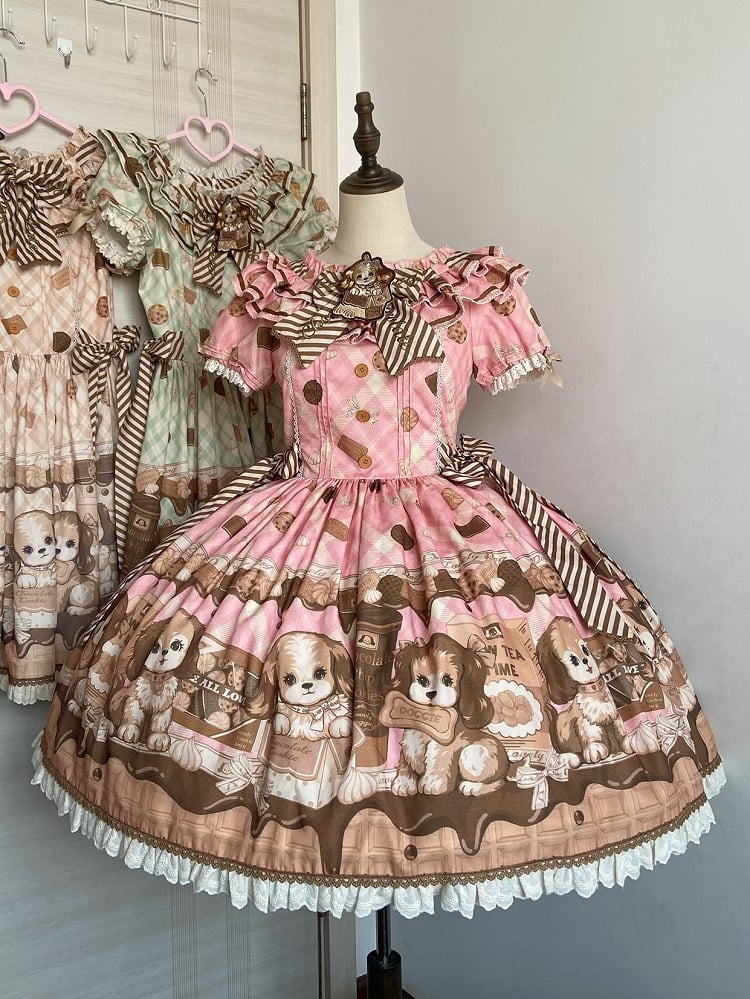Süßes Lolita-Kleid mit kurzen Ärmeln und Welpen- und Keks-Print in Rosa