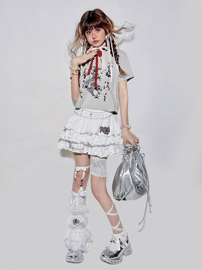Elastic and Ruffle with Bubble White Tiered Waistband Hem Skirt
