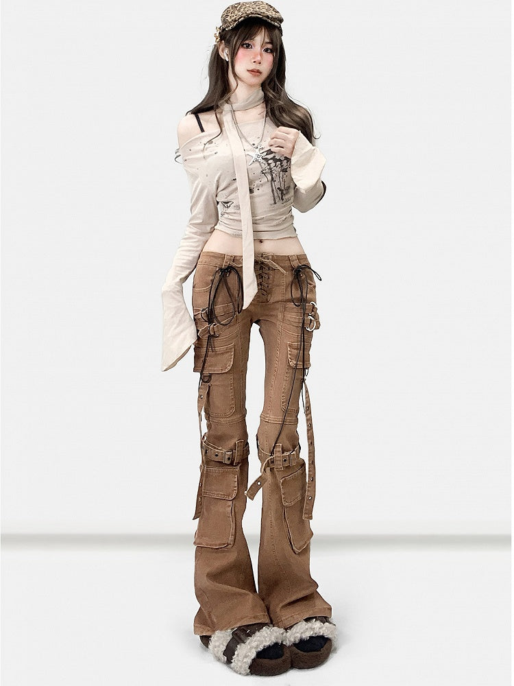 Wasteland Silhouette Flare Schnürjeans Punk Detail Braun Kaffee