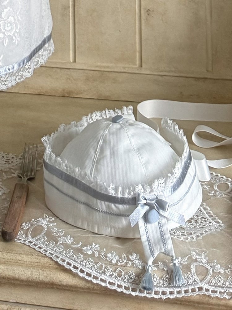 Ivory and Azure Lace Sailor Hat with Bows and Tassels - Honey Machine
