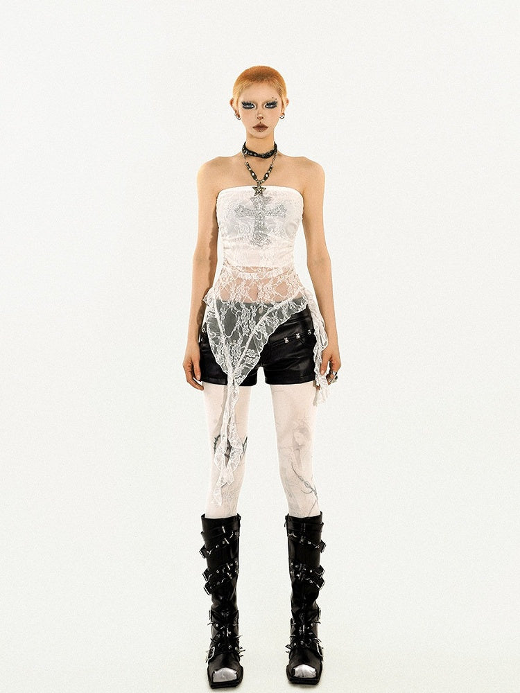 Y2K Cross Strapless Top with Irregular Lace Trim