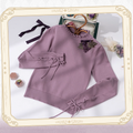 Grape Neckline Embroidery Top Knit Autumn Lace-up Purple Cuffs