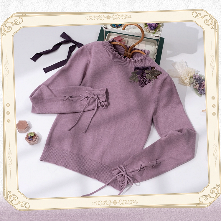 グレープネックライン刺繍トップスニット秋レースアップパープルカフス