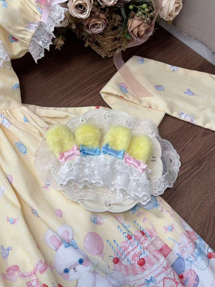Yellow Ears Bunny Cuffs / Pink Plush Wrist Lolita Sweet