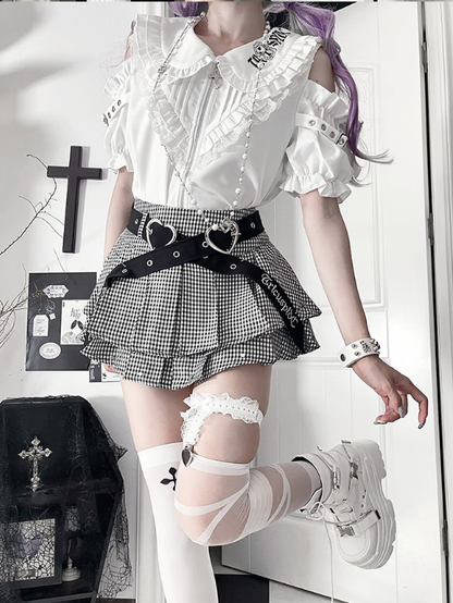 Ruffle Cut-Outs Triangular with White Chest Sleeve Short Gothic Shirt Accents Shoulder Puff