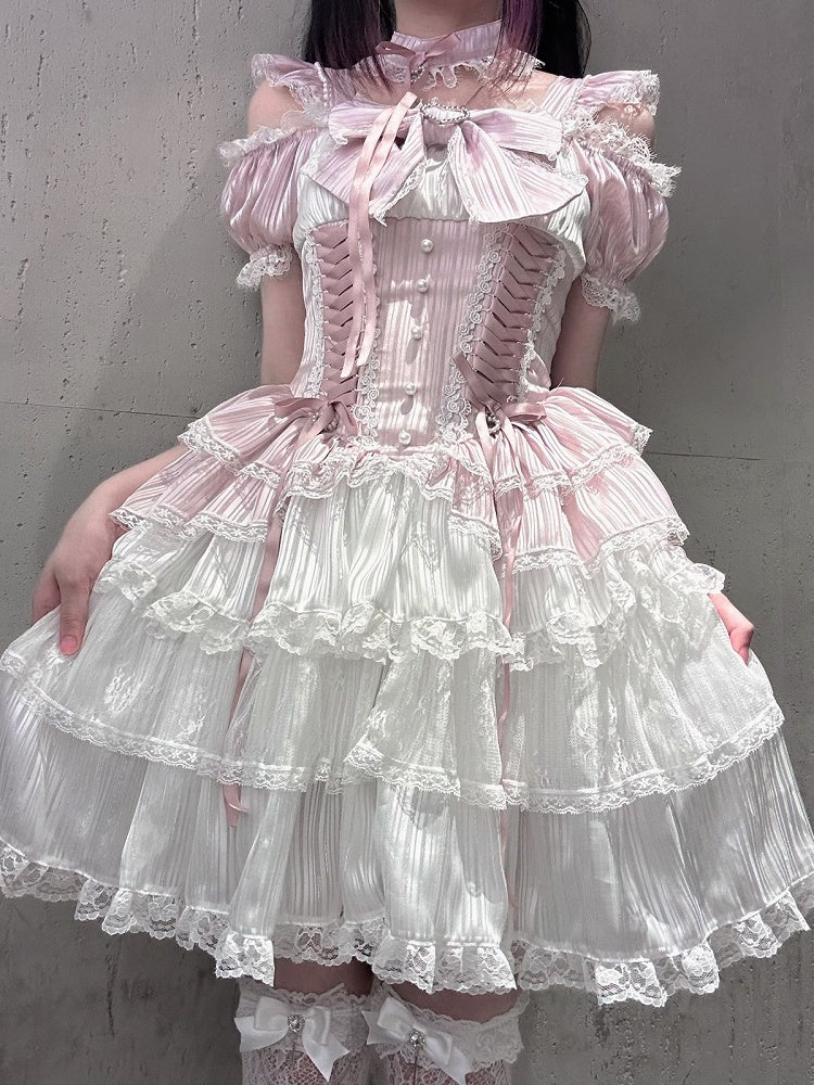 Pink Off-Shoulder Lace Dress with Choker - Virtual Paradise