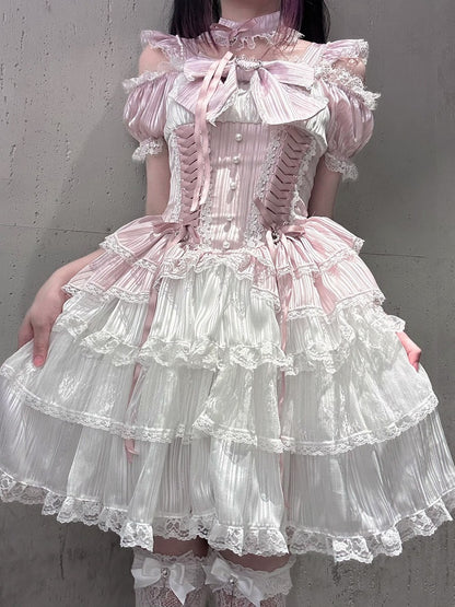Pink Off-Shoulder Lace Dress with Choker - Virtual Paradise