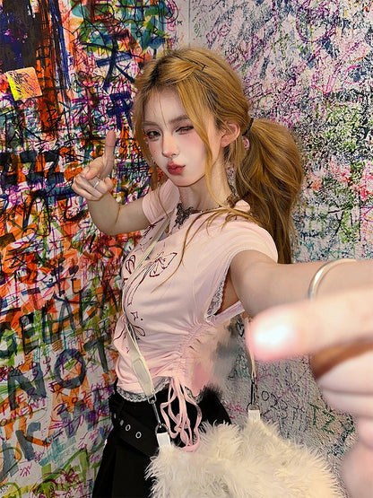 Waist Drawstrings Pink T-shirt with Lace Trim and Bow Print