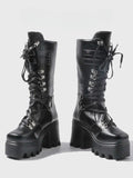 Chunky Black Closure Boots - Heel Mid-Calf with Gothic Buckle Matte Triple System Ornate
