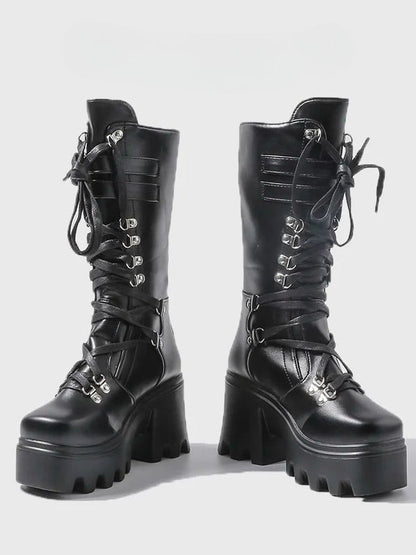 Chunky Black Closure Boots - Heel Mid-Calf with Gothic Buckle Matte Triple System Ornate