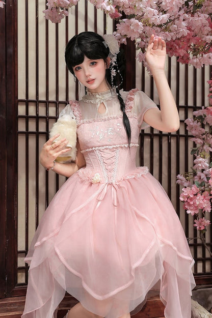 Pink Peach Blossom Chinoiserie Lolita OP Dress & Hairclips Set - With PUJI