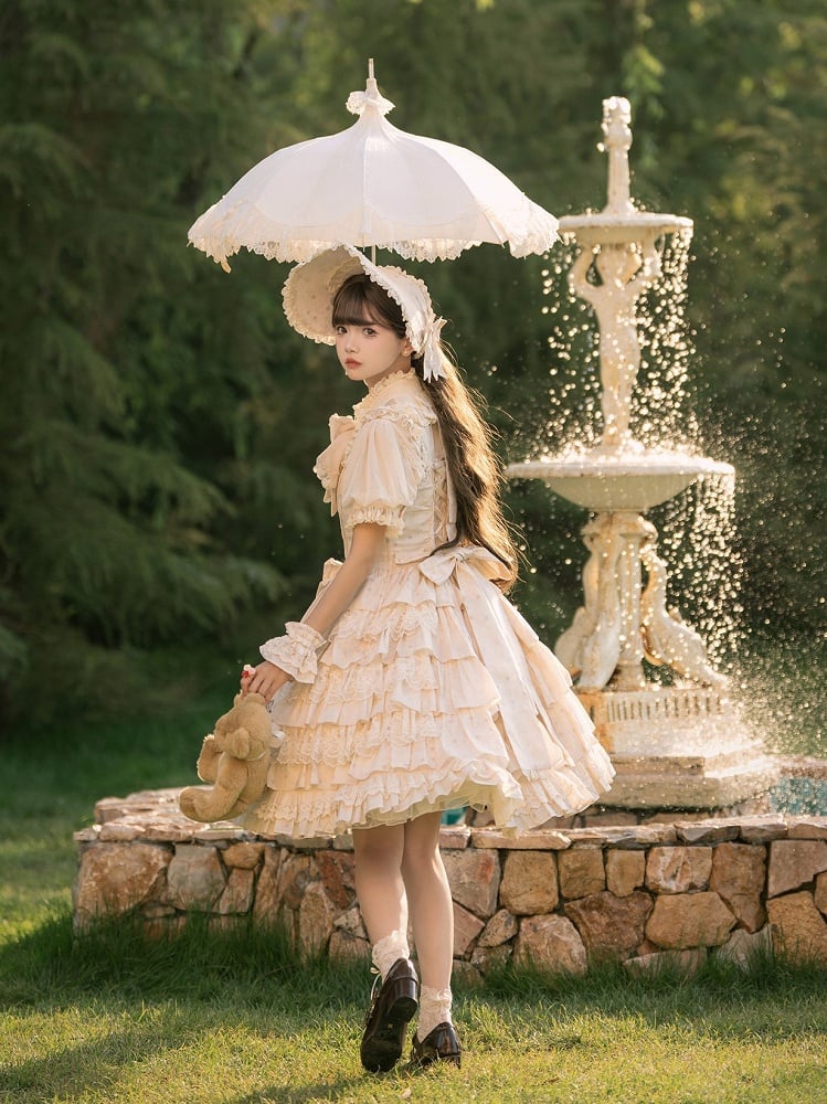 Beige Brown Bunny Print Ruffle Sweet Lolita Jumper Skirt with Bows - NnSTAR