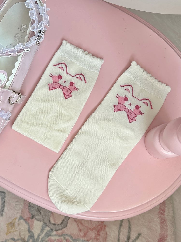 Kitty Ankle White Pink Print Socks Lolita