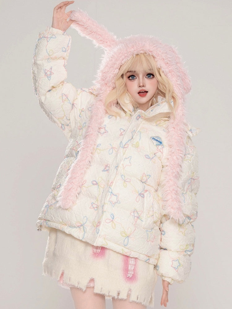 Milchweiß/Rosa dicke Kapuzenjacke mit Sternen und Schleifen