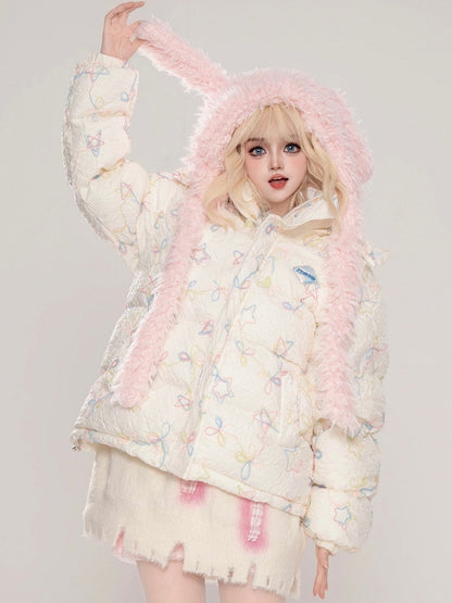 Milchweiß/Rosa dicke Kapuzenjacke mit Sternen und Schleifen