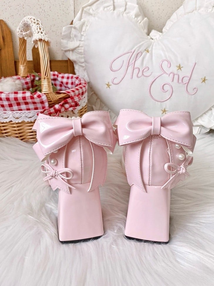 Shoes at - High Bow Platform Sweet PU Straps Lolita Top Beaded Block Decor Crisscross Heel Pink