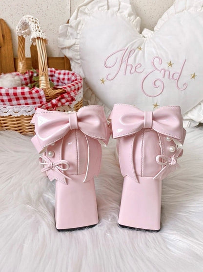 Shoes at - High Bow Platform Sweet PU Straps Lolita Top Beaded Block Decor Crisscross Heel Pink