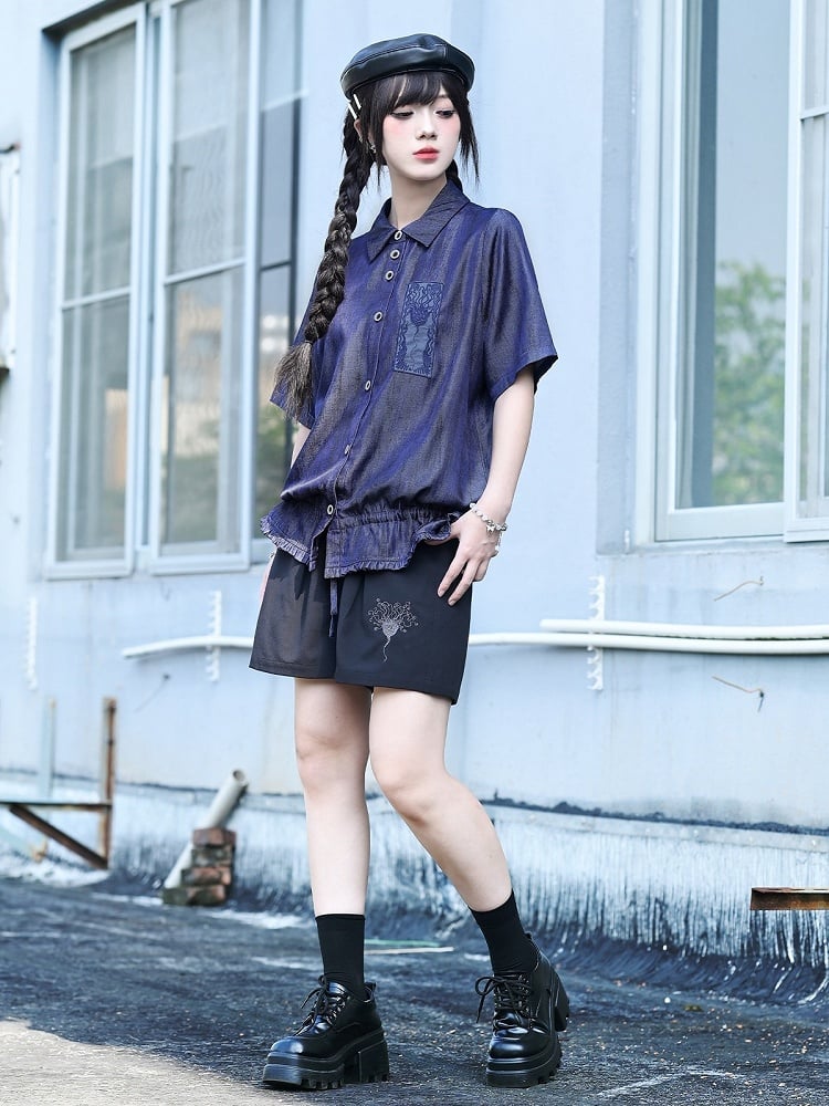 Purple Short Sleeve Shirt with Sea Lily and Drawstring - Quirky Hut