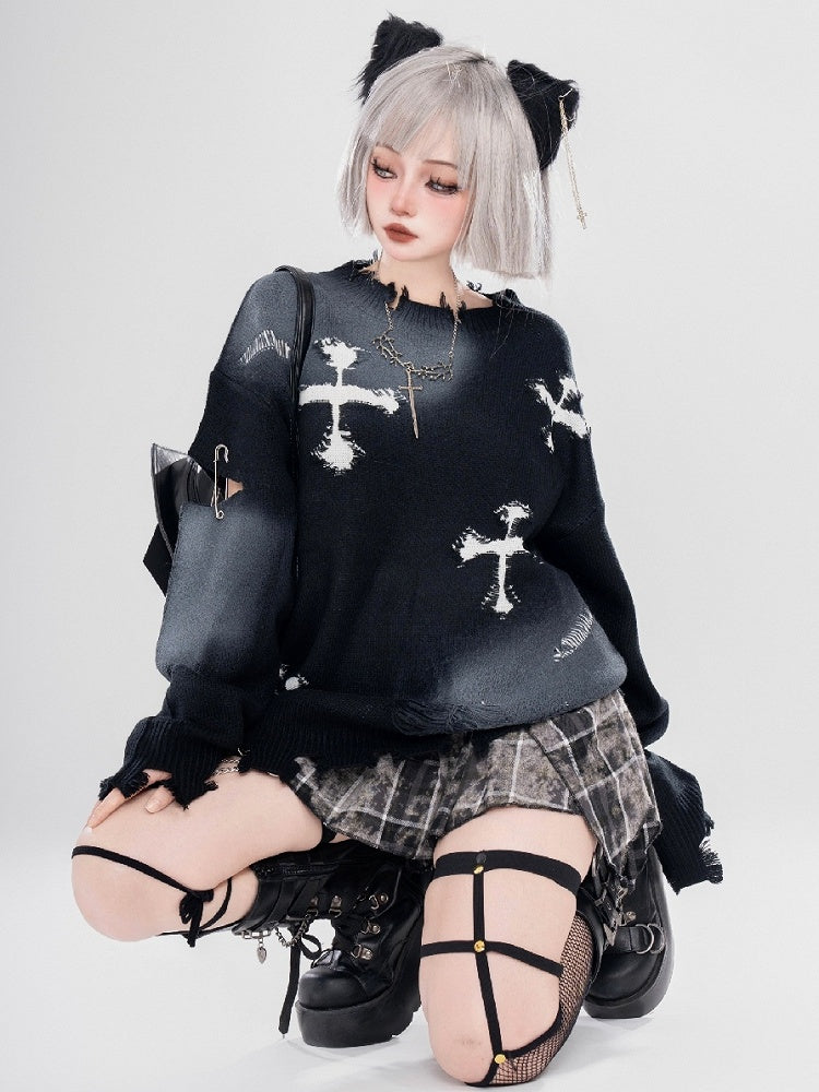 Y2K ブラック/グレー クロスシェイプ ダメージ加工 ホールズ ラウンドネック セーター