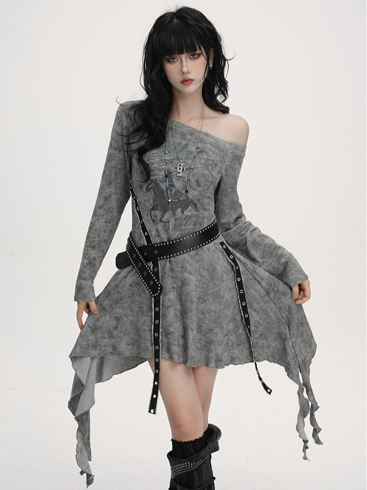 Equestrian Asymmetrical Studded Belt with Handkerchief Dress Gothic Neckline Hem Gray