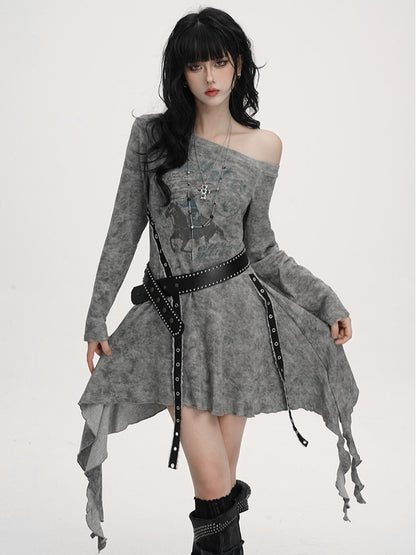 Equestrian Asymmetrical Studded Belt with Handkerchief Dress Gothic Neckline Hem Gray