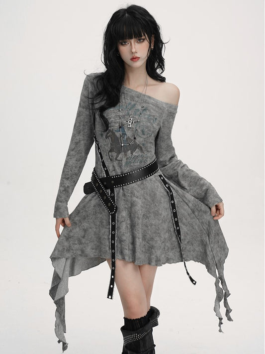Equestrian Asymmetrical Studded Belt with Handkerchief Dress Gothic Neckline Hem Gray