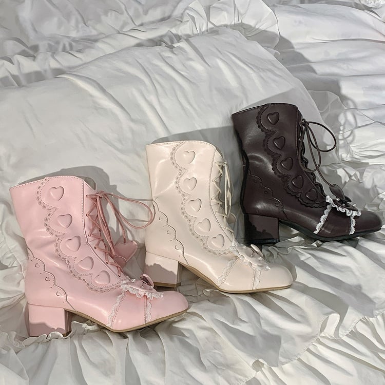 Heart Bow Hybrid Details Mid System in Block Closure Heel Boots Top Brown Beadwork Elegant Lolita PU with