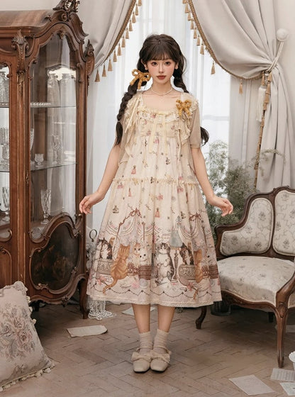 Beige Cat Print High Waist Sweet Lolita Jumper Skirt - NyaNya