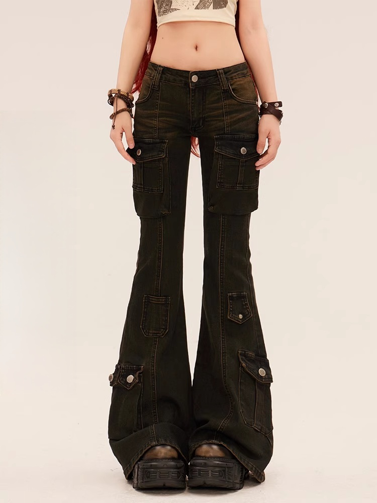 Pockets Flared Jeans Rise Cargo Black Low