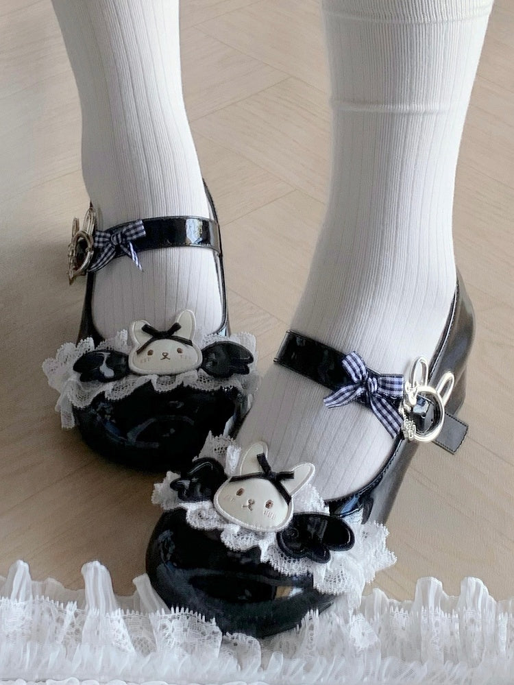 Wings Motif Decor Sweet Rabbit Lolita Black Bunny Themed Shoes with
