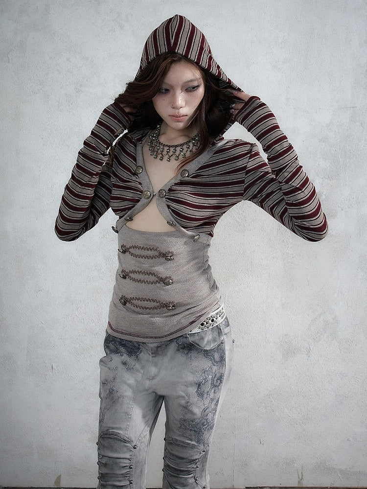 Red & Brown Striped V-Neck Hooded Knit Top with Long Sleeves & Faux Two-Piece Punk Style - NO ROMANCE