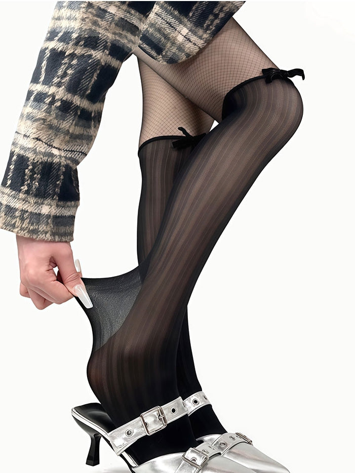 Tights Black/Beige Decorated Bowknot Striped