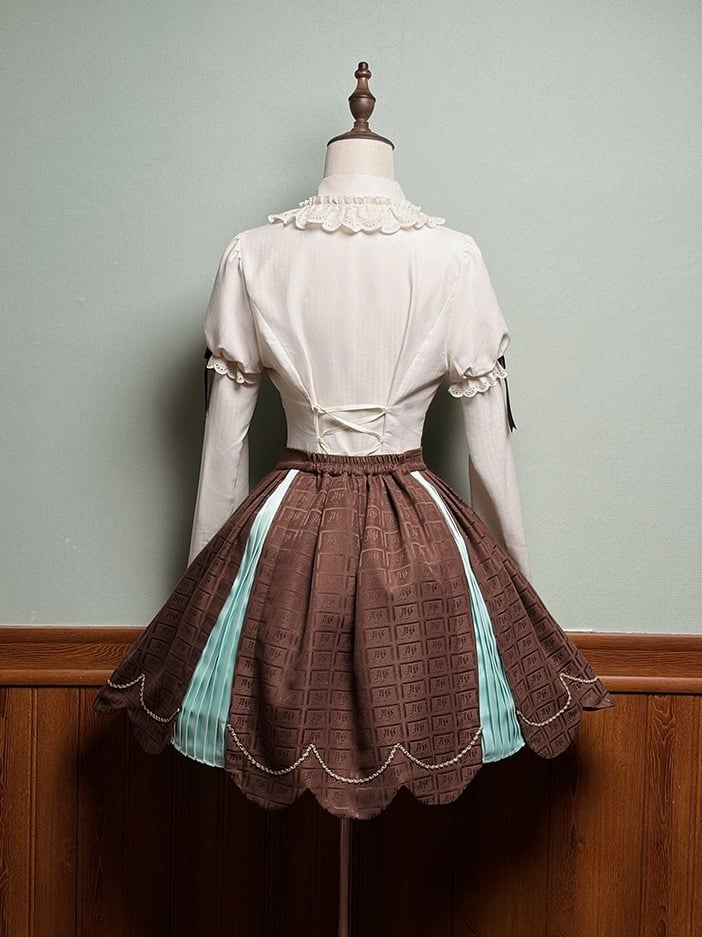 Chocolate with Scalloped Trim Green Pleating Mint Sweet Details Skirt Edge Lolita