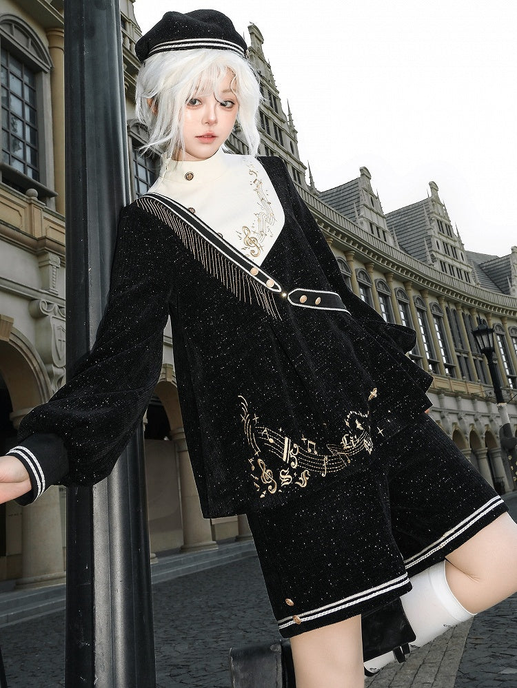 Black Ouji Preppy Style Full Set-Black Glittering Waffle Top + Shorts + Hat