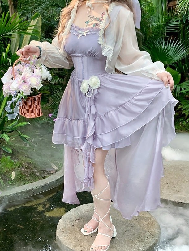 Purple Rose Themed High-Low Skirt Dress with Asymmetrical Train - Hard Candy