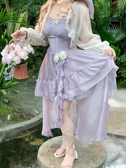 Purple Rose Themed High-Low Skirt Dress with Asymmetrical Train - Hard Candy
