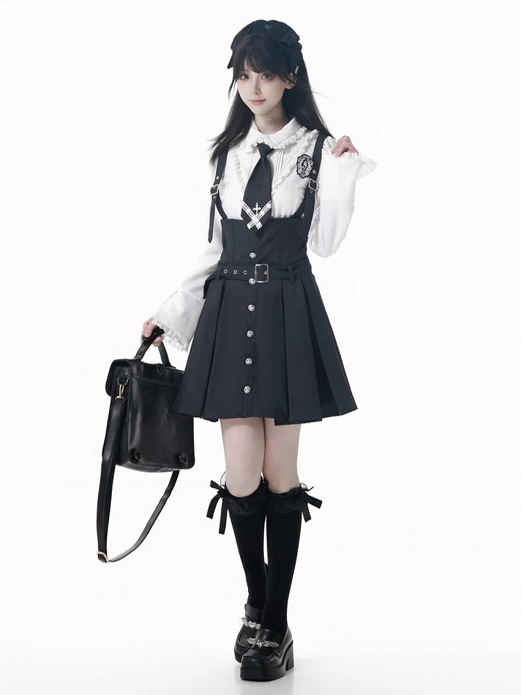 - Shirt Ruffled Preppy Trim Lace Chic Waist-Tailored with White