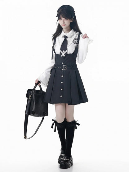 - Shirt Ruffled Preppy Trim Lace Chic Waist-Tailored with White