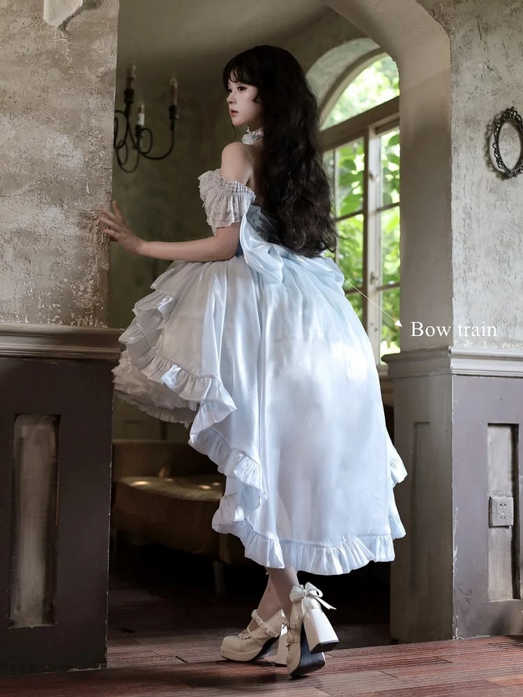Hime Basque Flower Lace Layered Fluffy Lolita Dress Blooming with Blue Accents Waist | Sheer Ocean