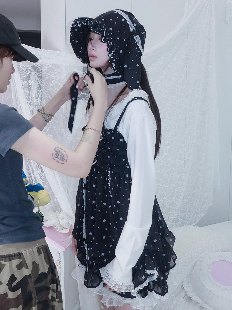 Dress Choker Star Oversized Matching with Tiered Navy Slip Bow White Kawaii Blue Print