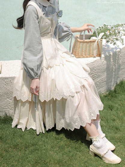 Lace-up White Cottagecore High Waist Overall Dress Tiered Skirt