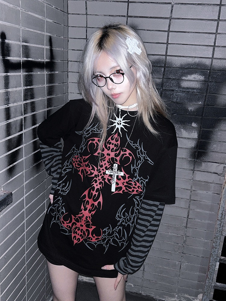 Black Print Top in Faux Two-Piece Cross Blood Striped Design with Sleeves Gothic