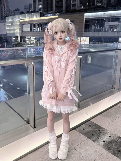 Sailor Heart Crossed Kei Jirai Sweet Pink Sweater Knit Collar Lacing Buttons with