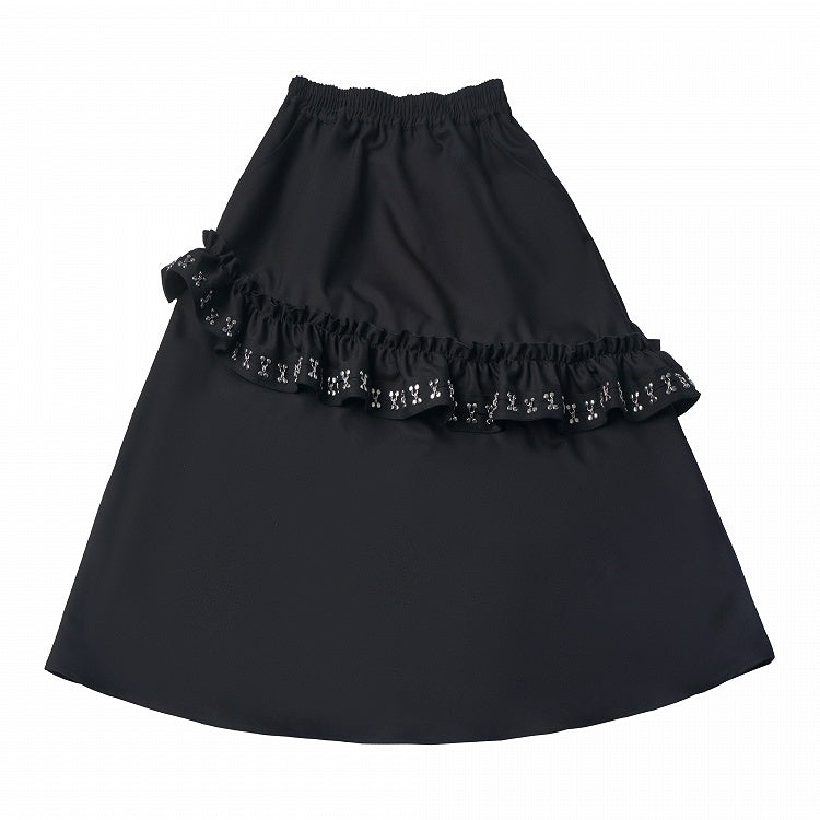 Black Asymmetric Ruffle-Trimmed Long Skirt - PINK SAVIOR